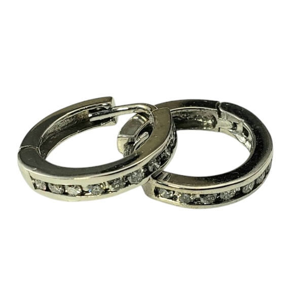 14K White Gold and Diamond Hoop Huggie Earrings #20885 - Picture 1 of 7